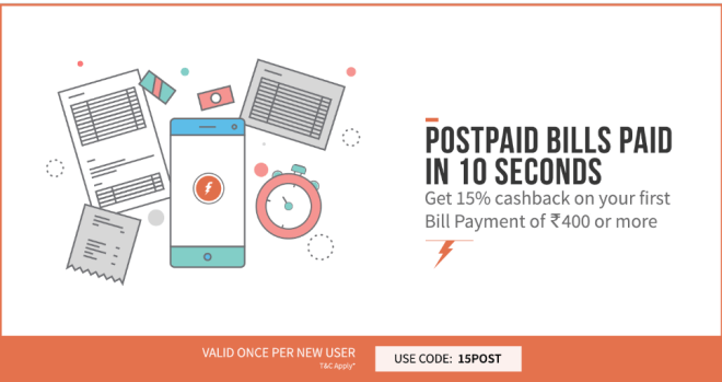 Freecharge - Get Flat 15% CashBack on Postpaid Bill Payment of Rs 400 or More (New users)
