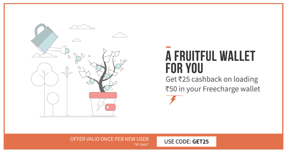 FreeCharge- Get Rs 25 CashBack on Adding Rs 50 In FreeCharge Wallet [New User]