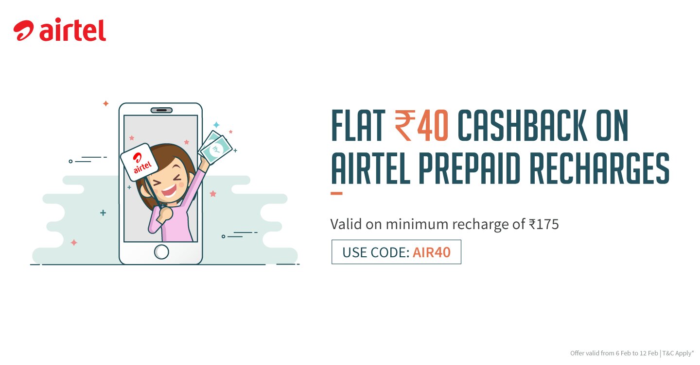 FreeCharge AIR40 Airtel Prepaid Recharges offer. Get Flat ₹40 Cashback on Airtel Prepaid Recharges Of ₹175 or More